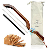Living Canvas Design Bread Bow Knife front view showing a sturdy wooden body for smooth slicing.