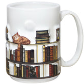 Livinges 3D book mug front view with 3D bookshelf and cats for cozy reading sessions