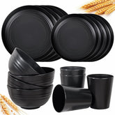 LIYH 16-piece black wheat straw dinnerware set – unbreakable plates for everyday meals.