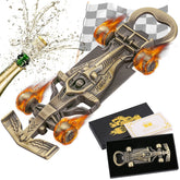 LKKCHER racing car bottle opener close-up shows chrome finish for durable use