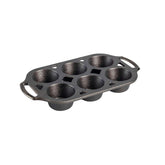 Lodge cast iron muffin pan 6-well top view highlighting even heat distribution for consistent bakes.