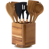 LOHONER wood utensil holder with 360° rotating base for easy reach.