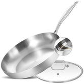 LOLYKITCH 12-inch tri-ply pan top view highlighting even heat distribution and durability.