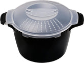 Longmann microwave steamer with a locked lid for spill-free cooking.