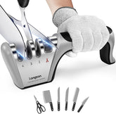 Longzon 4-in-1 sharpener stage setup sharpens blades precisely across knife types.