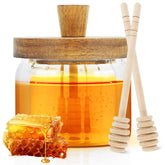 Loscarol honey pot with dipper and lid viewed full, keeping honey fresh and mess-free.