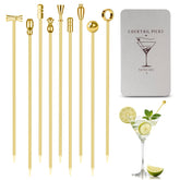 Losneg gold metal cocktail picks with olives for elegant garnishes.