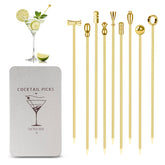 Losneg gold metal cocktail picks with olive spear for elegant, mess-free garnishing.