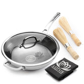 Lotus Homeclad Hybrid Wok Pan with open lid for easy stirring and monitoring