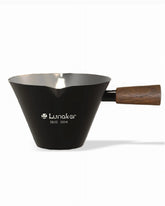 Lunaker 4oz espresso cup with walnut handle for precise double shots.