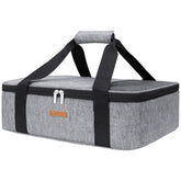 LUNCIA insulated casserole carrier outer view highlights rugged grey fabric and durability.