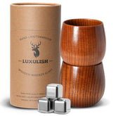 LUXULISH wooden bourbon glass close-up for refined whiskey tasting and rustic aesthetics.