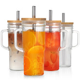 LUXULISH ribbed glass tumbler with handle for easy grip and on the go sipping