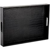 Lyellfe black serving tray with handles shows alligator texture for easy serving.