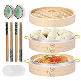 Macario bamboo steamer basket 10-inch for steaming dumplings and buns, preserving natural flavors.