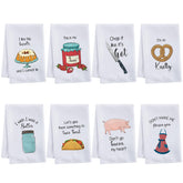 Macarrie 8 Pcs Funny Kitchen Towels set with bright patterns for decorative drying.