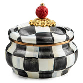 MacKenzie-Childs enamel squashed pot with Courtly Check lid for stylish kitchen storage