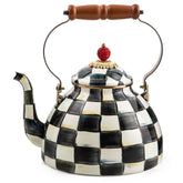 MACKENZIE-CHILDS enamel tea kettle front view with Courtly Check pattern, a stylish stovetop accent.