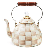 MACKENZIE-CHILDS enamel tea kettle Mocha Check with pour-focused design for steady mornings