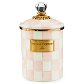 Mackenzie-Childs medium enamel canister in Rosy Check, stylish storage for coffee beans and cookies.