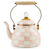 MACKENZIE-CHILDS Rosy Check enamel tea kettle base, a vibrant kitchen centerpiece