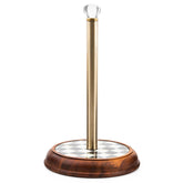 MACKENZIE-CHILDS wood towel holder with acacia base on a kitchen counter for easy access to towels