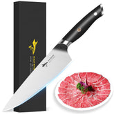 MAD SHARK 8-Inch Chef Knife blade close-up shows razor-sharp edge for precise slicing