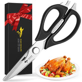 MAD SHARK kitchen scissors blade-scoop holds bones for stable cuts.