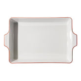Made In rectangular baking dish with red rim offers elegant presentation and even heating.