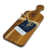 Madeira teak bread board with edge-grain finish for table-side serving.
