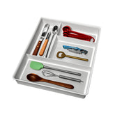 Madesmart Classic 4-Compartment Drawer Organizer in white, front view keeps utensils neatly organized.