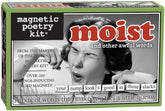 Magnetic Poetry Moist Kit tiles on a fridge ready for creative messages.