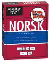 Magnetic Poetry Norwegian kit box showing over 500 word tiles for fridge poetry.
