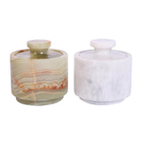 Marble Hives salt cellar in onyx green and white 2-pack keeps salt fresh on the counter.
