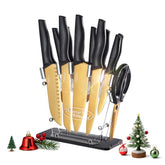 Marco Almond gold knife set in clear acrylic block enhances kitchen decor and performance.