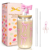 Mason Life Coquette Pink 18oz bow glass cup with lid and straw for on-the-go beverages.