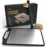 Matiks stainless steel cutting board front view for durable meat prep