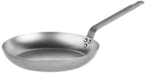Mauviel M'Steel black carbon frying pan front view, 11-inch size for precise searing.
