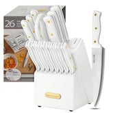 McCook knife sets with built-in sharpener in block for quick edge maintenance during prep.