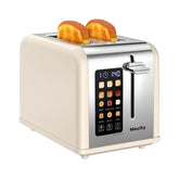 Mecity 2-Slice Toaster front view in cream stainless steel with fast browning.