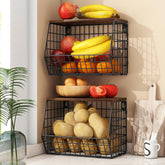 Mefirt two-piece fruit basket with wood lid on a clean kitchen counter.