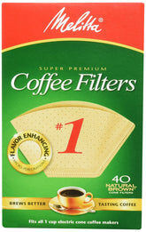 Melitta 620122 natural brown cone filters in box, ideal for 1-cup machines.