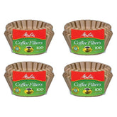 Melitta basket filter paper, natural brown, 400-count packaging, chlorine-free, for clean-tasting coffee.