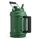 Meoky 128 oz insulated bottle with top handle for easy hiking transport.