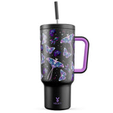 Meoky 40 oz glow butterfly tumbler glows after light exposure for nighttime visibility.