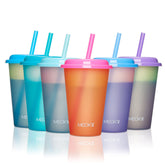 Meoky color-changing cups with lids and straws in a 6-pack for parties and gatherings