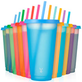 Meoky color changing cups set with lids and straws, vibrant hues for iced beverages.