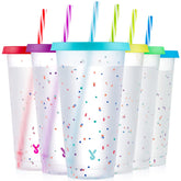 Meoky confetti color-changing cups with lids and straws, color shifts when cold for a playful look.