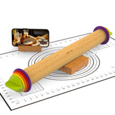 Mepple rolling pin with four thickness rings for even dough thickness.