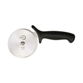 Mercer Culinary Millennia pizza cutter with black handle slices crusts cleanly